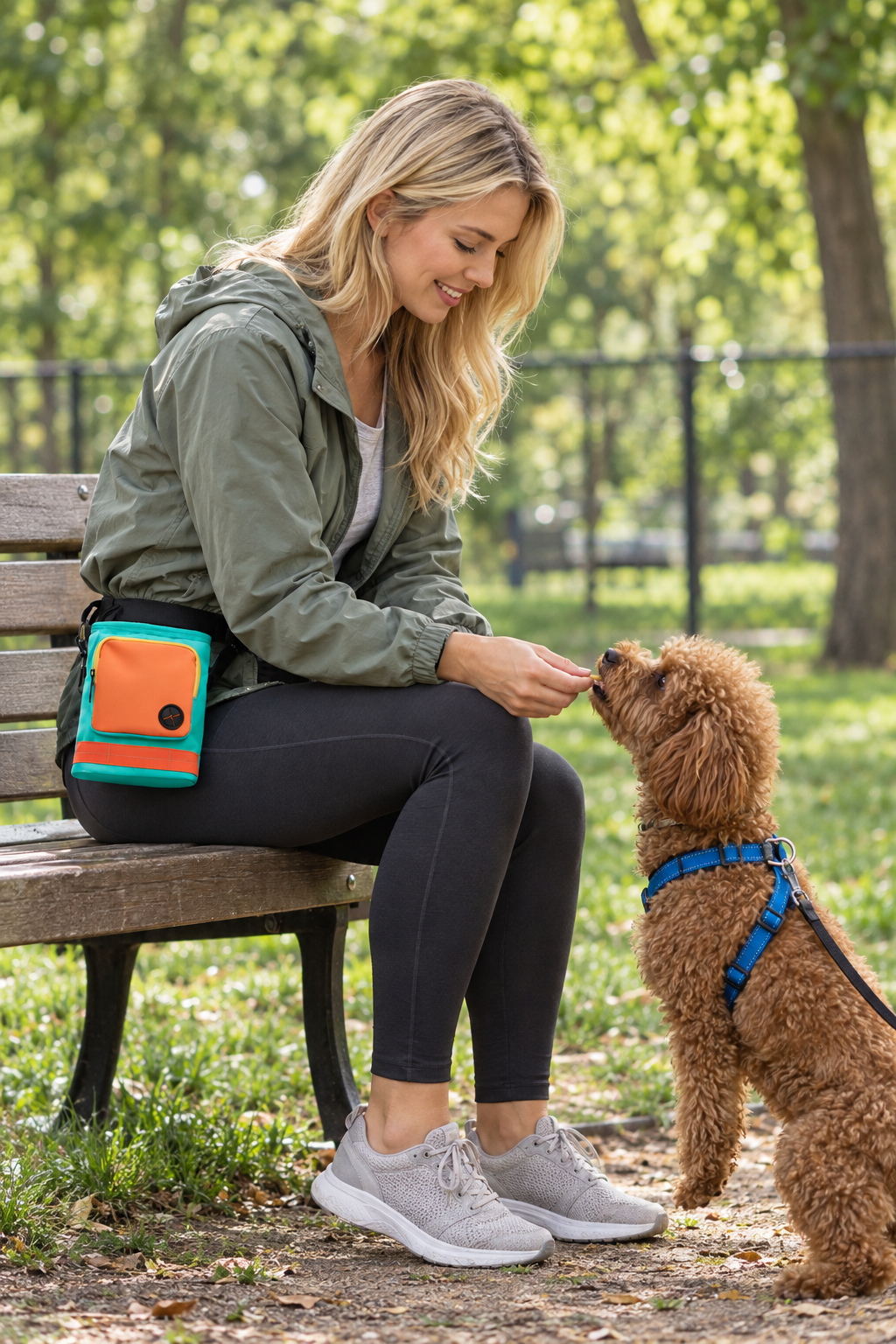 Blonde woman wearing the dog treat pouch in a dog park