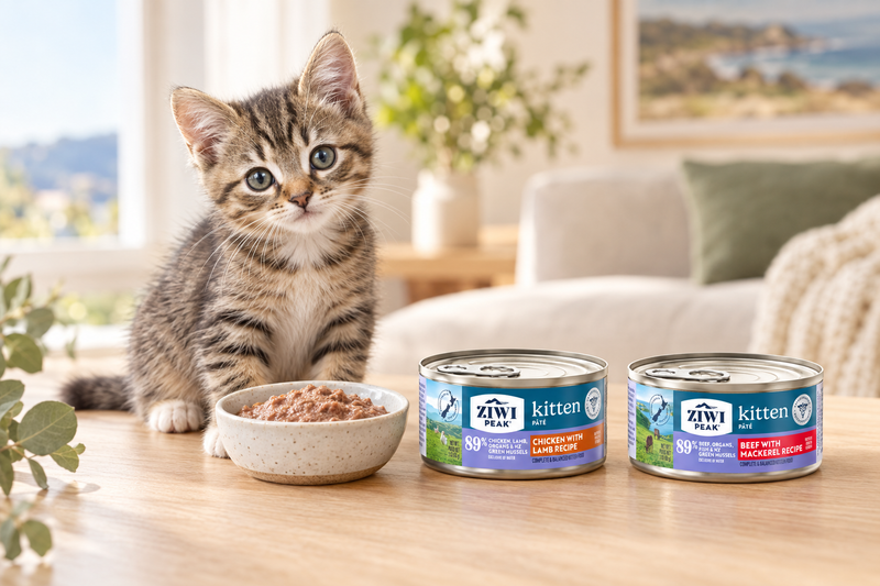 Tabby kitten beside a bowl of wet food and ZIWI Peak Chicken with Lamb and Beef with Mackerel kitten food cans