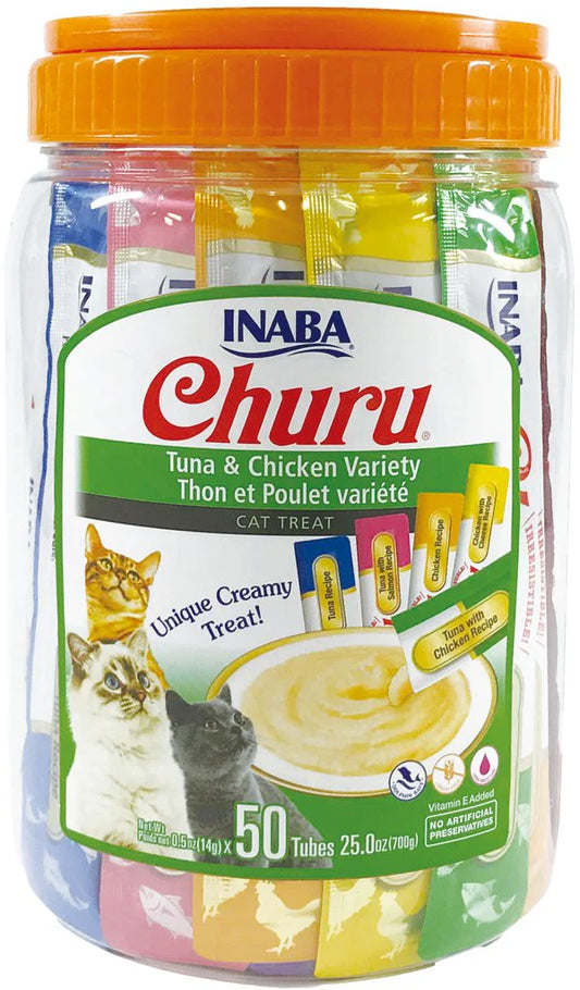 INABA Churu Cat Treat Tuna & Chicken Variety Pack 50 Tubes – Creamy Lickable Treat