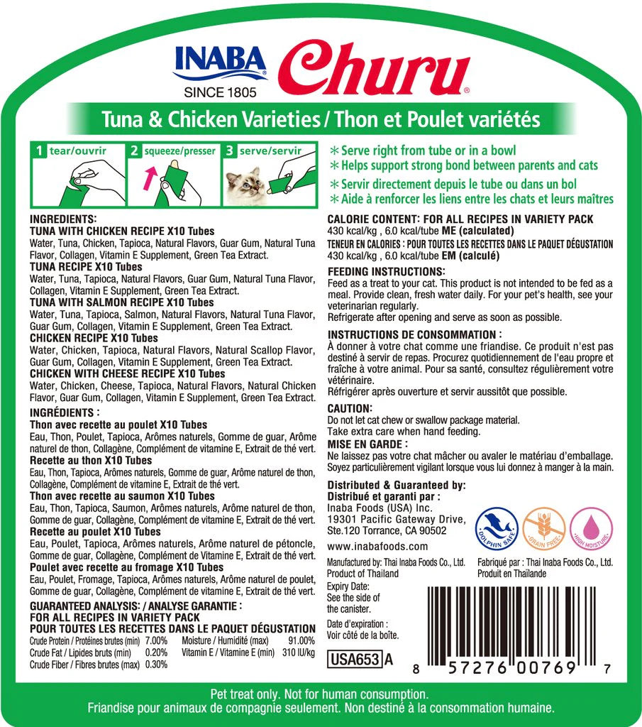 INABA Churu Cat Treat Tuna & Chicken Variety Pack 50 Tubes – Creamy Lickable Treat