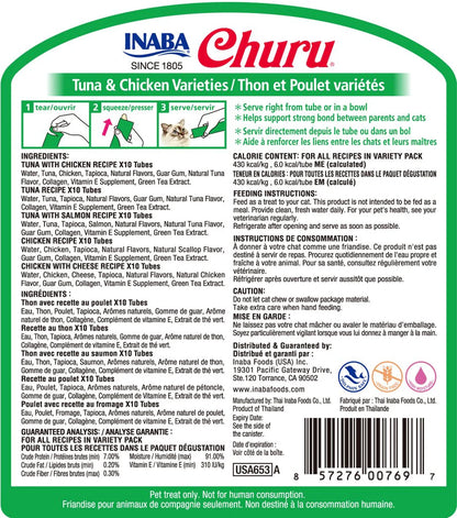 INABA Churu Cat Treat Tuna & Chicken Variety Pack 50 Tubes – Creamy Lickable Treat