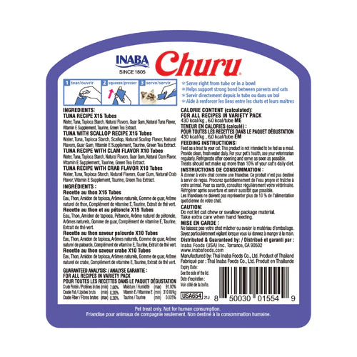 INABA Churu Cat Treat Tuna Seafood Variety Pack 50 Tubes – Creamy Lickable Treat