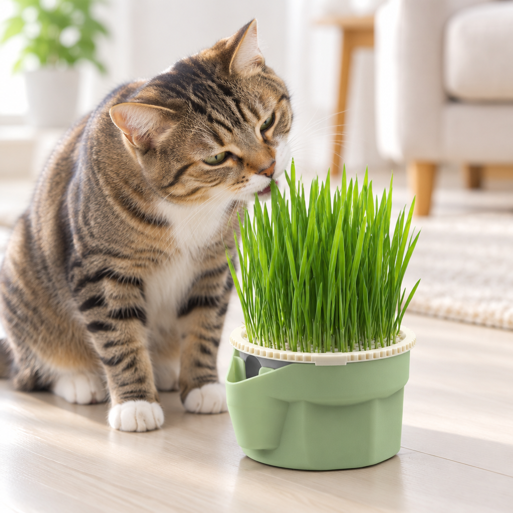 Tabby cat enjoying grass in the mint-green planter