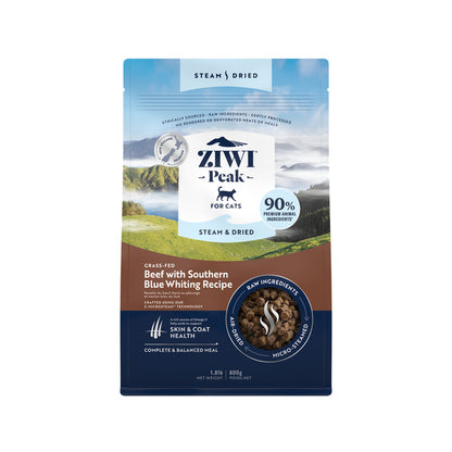 ziwi peak steam dried beef and blue whiting cat food 800g